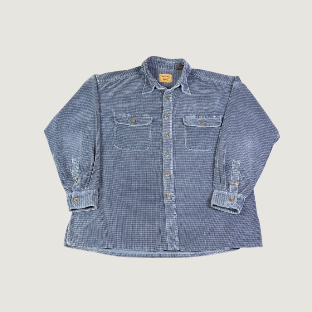 St Johns Bay Mens Large Heavyweight Corduroy Button Down Shirt Blue Long Sleeve
